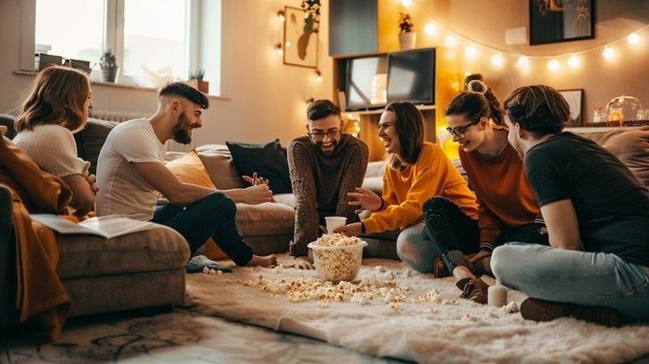Vänner samlas i vardagsrum med popcorn inför en spelkväll