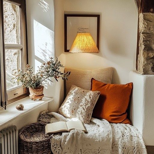 Mysig läshörna med varm lampa, bok, filtar och orange kuddar